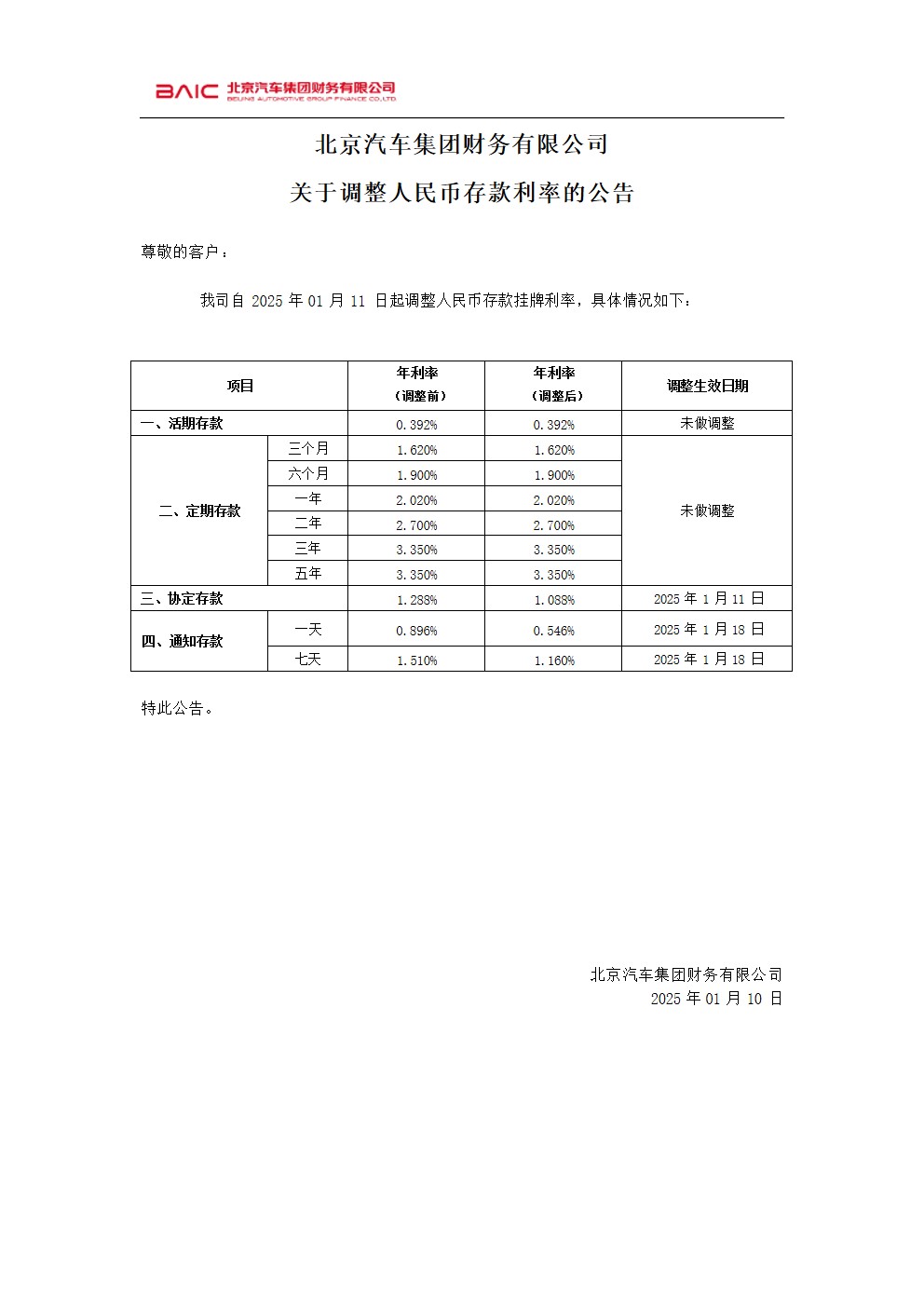 北京汽车集团财务有限公司关于调整人民币存款利率的公告
